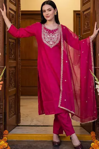 Women Ethnic Motifs Embroidered Regular Thread Work Kurta with Trousers & With Dupatta