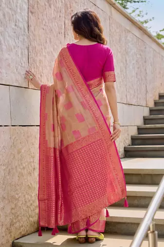 beige cotton blend saree for women | pink border festive & party ethnic wear