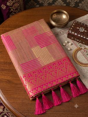 beige cotton blend saree for women | pink border festive & party ethnic wear 5