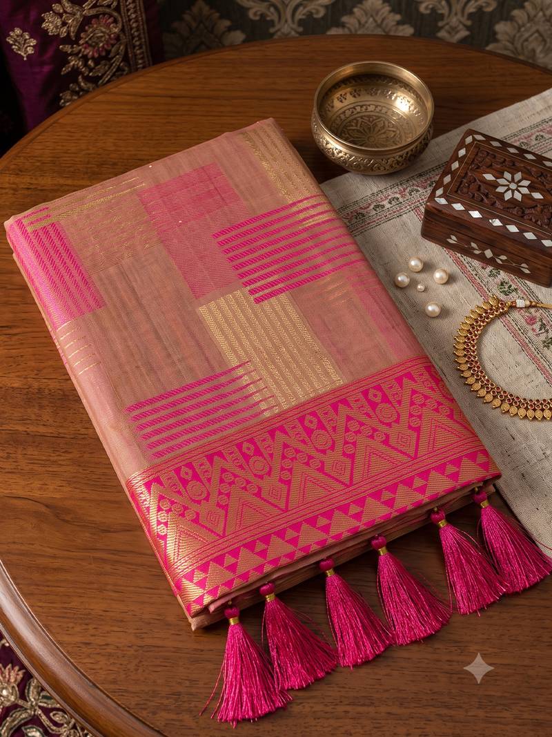 beige cotton blend saree for women | pink border festive & party ethnic wear