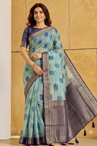 sky blue cotton blend saree for women | navy border festive & party ethnic wear