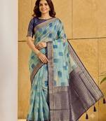 sky blue cotton blend saree for women | navy border festive & party ethnic wear
