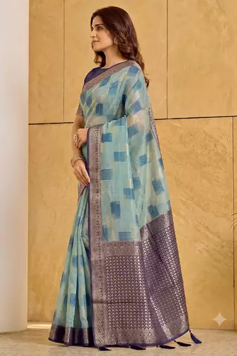 sky blue cotton blend saree for women | navy border festive & party ethnic wear