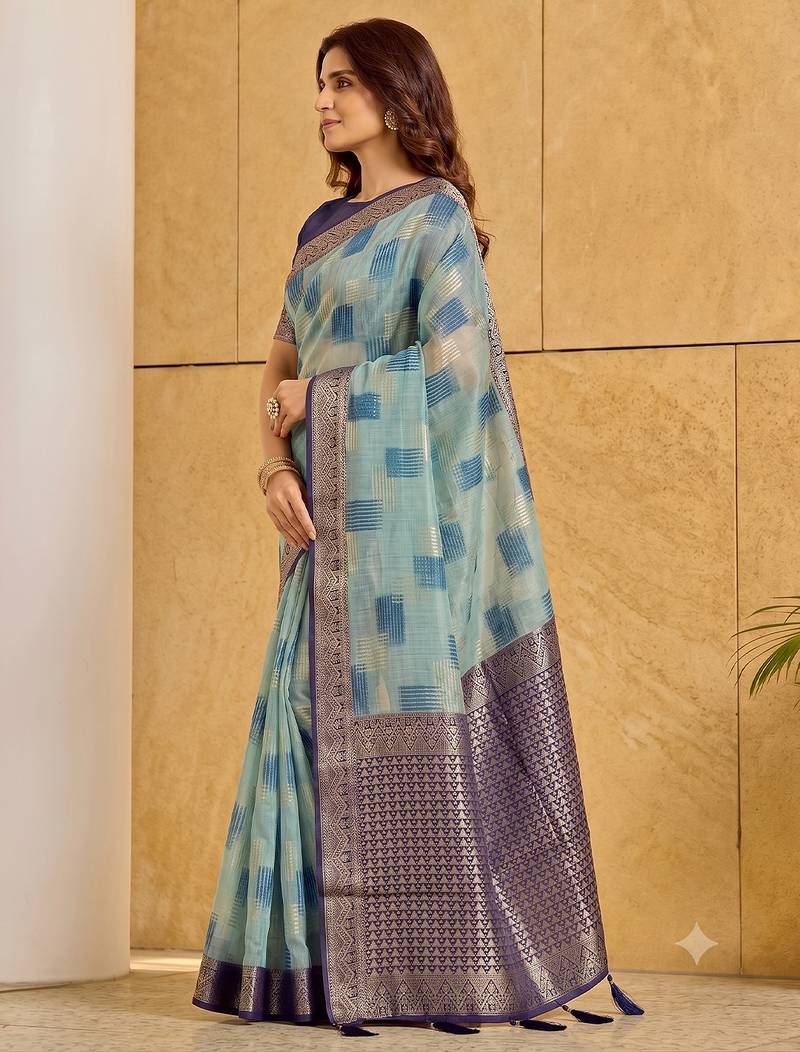 sky blue cotton blend saree for women | navy border festive & party ethnic wear