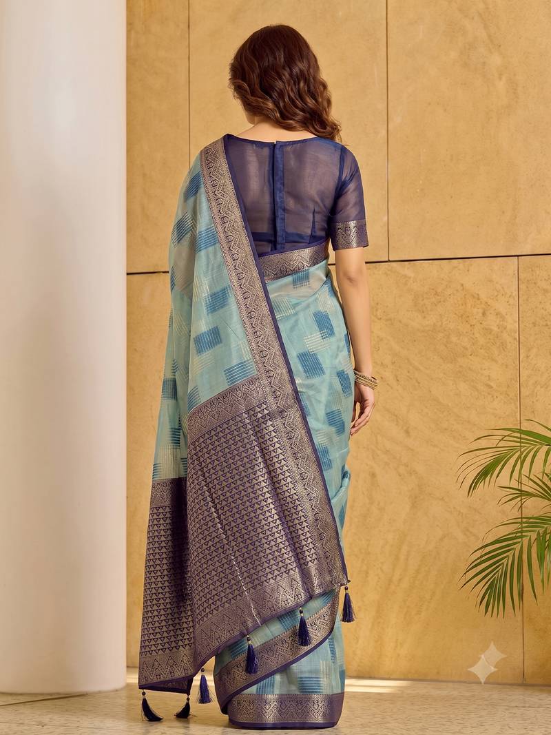 sky blue cotton blend saree for women | navy border festive & party ethnic wear