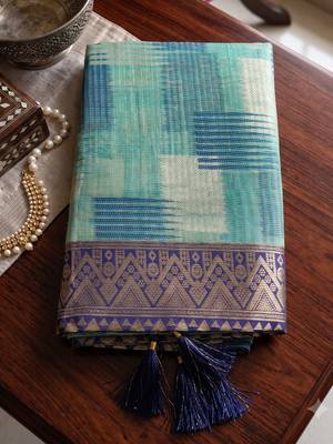 sky blue cotton blend saree for women | navy border festive & party ethnic wear 4