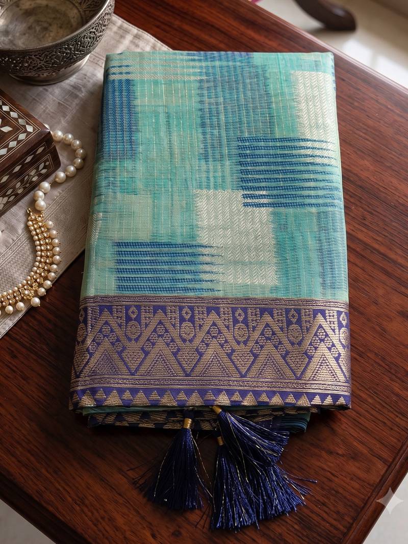sky blue cotton blend saree for women | navy border festive & party ethnic wear