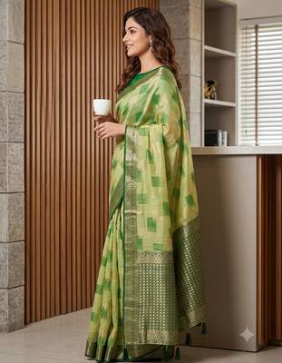 light green cotton blend saree for women | dark green border festive party wear 2