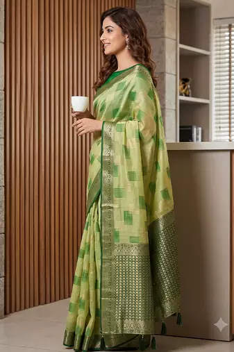 light green cotton blend saree for women | dark green border festive party wear