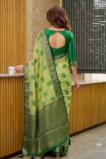 light green cotton blend saree for women | dark green border festive party wear