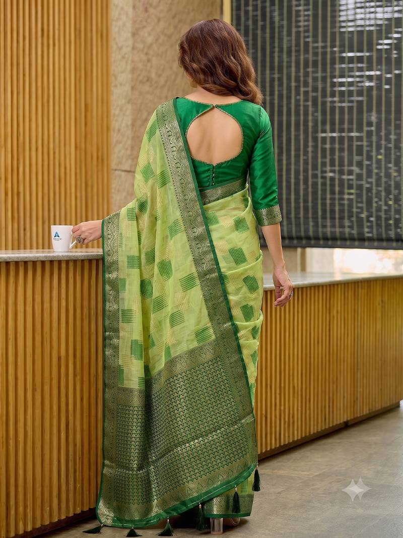 light green cotton blend saree for women | dark green border festive party wear