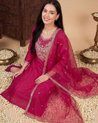 Women Ethnic Motifs Embroidered Regular Kurta with Trousers & With Dupatta 5