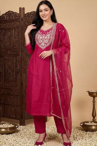 Women Ethnic Motifs Embroidered Regular Kurta with Trousers & With Dupatta
