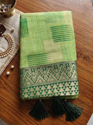 light green cotton blend saree for women | dark green border festive party wear 4