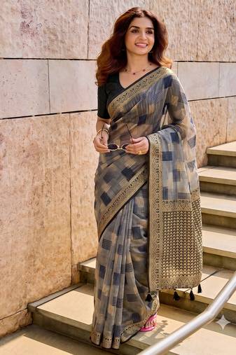 grey cotton blend saree for women | black zari border formal & party ethnic wear