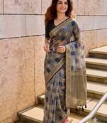 grey cotton blend saree for women | black zari border formal & party ethnic wear