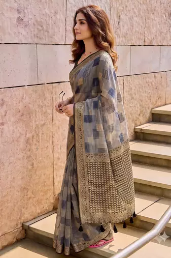 grey cotton blend saree for women | black zari border formal & party ethnic wear