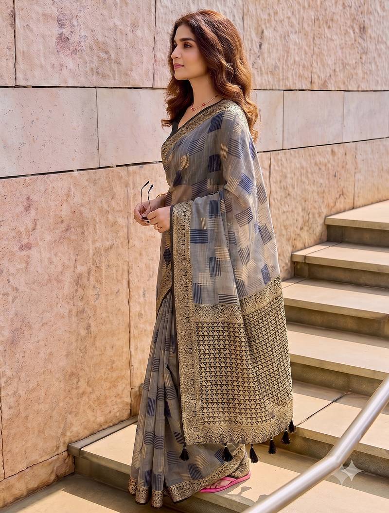grey cotton blend saree for women | black zari border formal & party ethnic wear