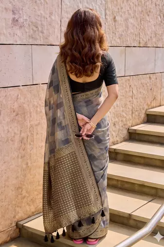 grey cotton blend saree for women | black zari border formal & party ethnic wear