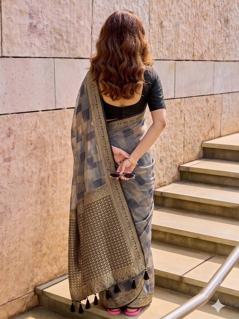 grey cotton blend saree for women | black zari border formal & party ethnic wear