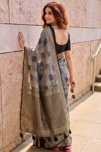 grey cotton blend saree for women | black zari border formal & party ethnic wear