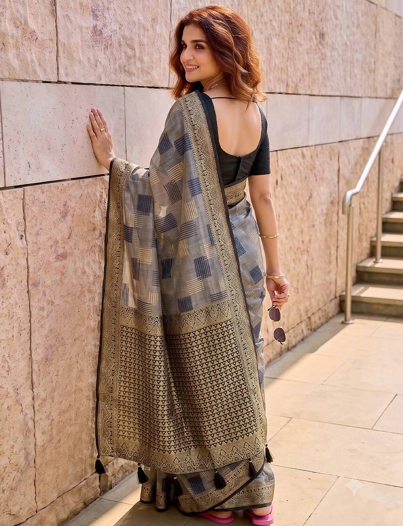 grey cotton blend saree for women | black zari border formal & party ethnic wear