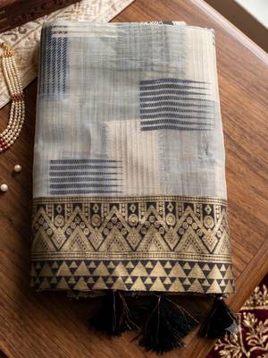 grey cotton blend saree for women | black zari border formal & party ethnic wear 5
