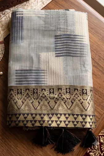 grey cotton blend saree for women | black zari border formal & party ethnic wear