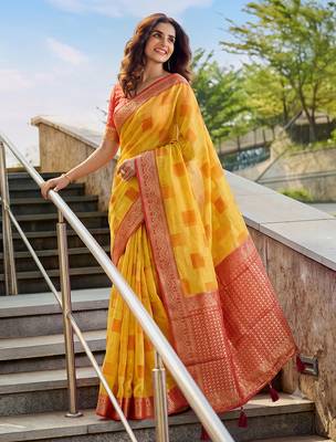mustard cotton blend saree for women | red zari border festive & wedding attire 1
