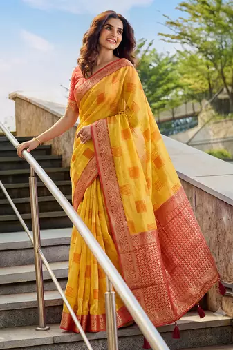 mustard cotton blend saree for women | red zari border festive & wedding attire