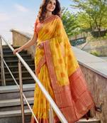mustard cotton blend saree for women | red zari border festive & wedding attire