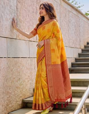mustard cotton blend saree for women | red zari border festive & wedding attire 2