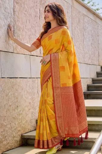 mustard cotton blend saree for women | red zari border festive & wedding attire