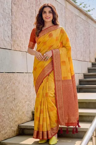 mustard cotton blend saree for women | red zari border festive & wedding attire