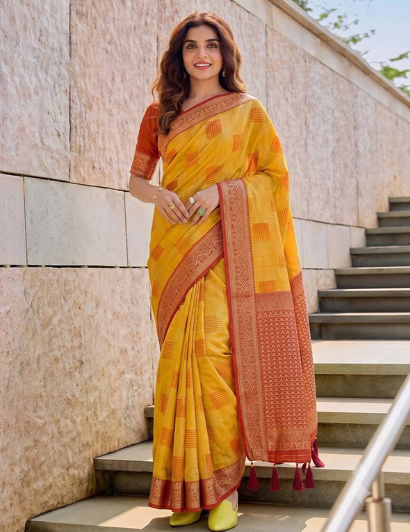 mustard cotton blend saree for women | red zari border festive & wedding attire