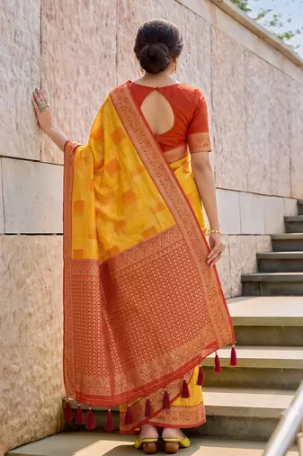 mustard cotton blend saree for women | red zari border festive & wedding attire