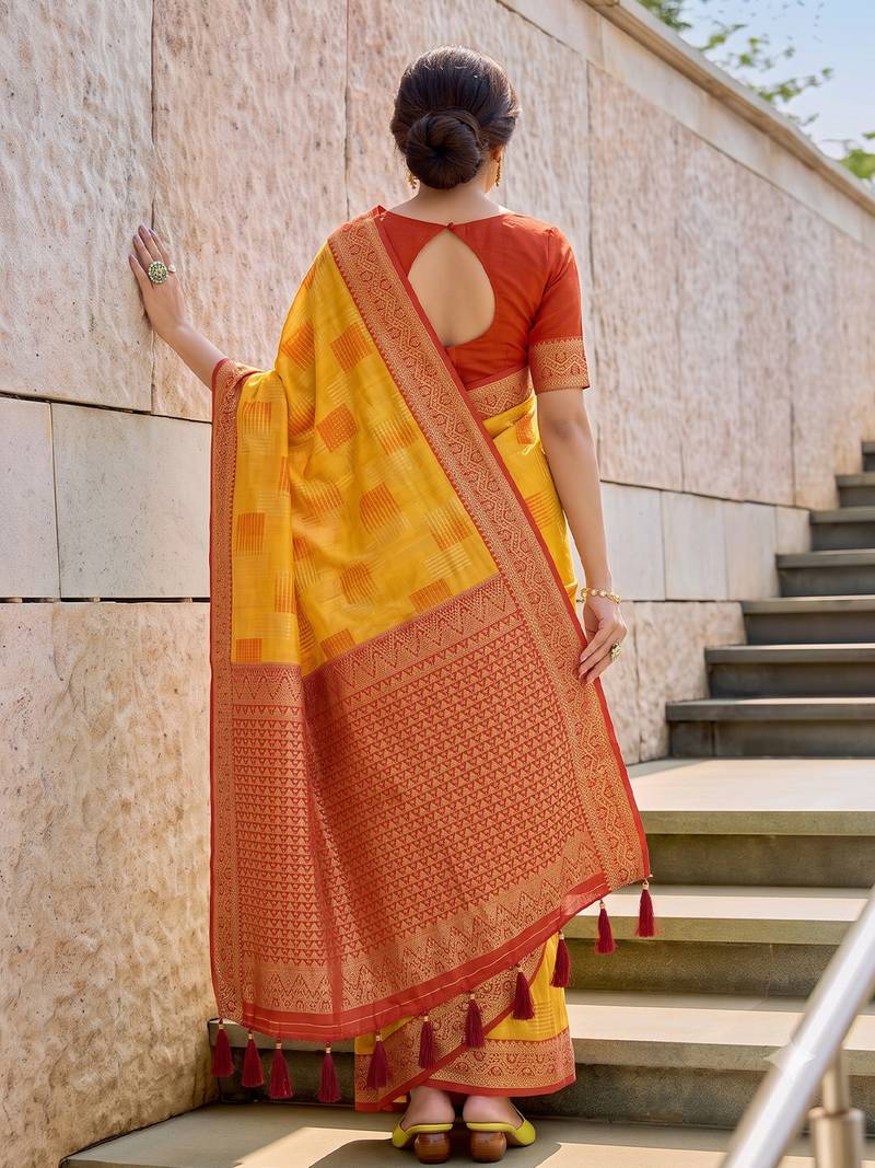 mustard cotton blend saree for women | red zari border festive & wedding attire