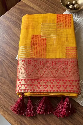 mustard cotton blend saree for women | red zari border festive & wedding attire