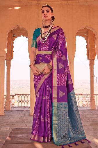 purple soft silk blend saree with teal border | festive & wedding wear for women