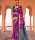 purple soft silk blend saree with teal border | festive & wedding wear for women
