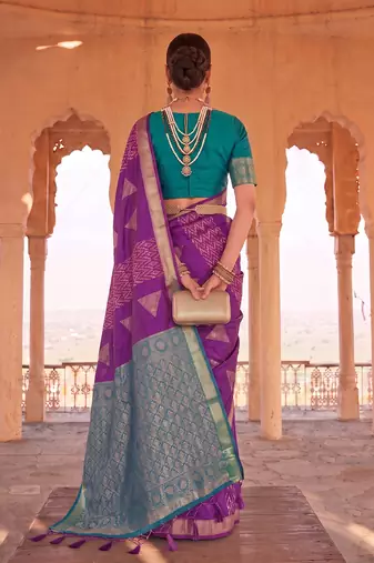 purple soft silk blend saree with teal border | festive & wedding wear for women