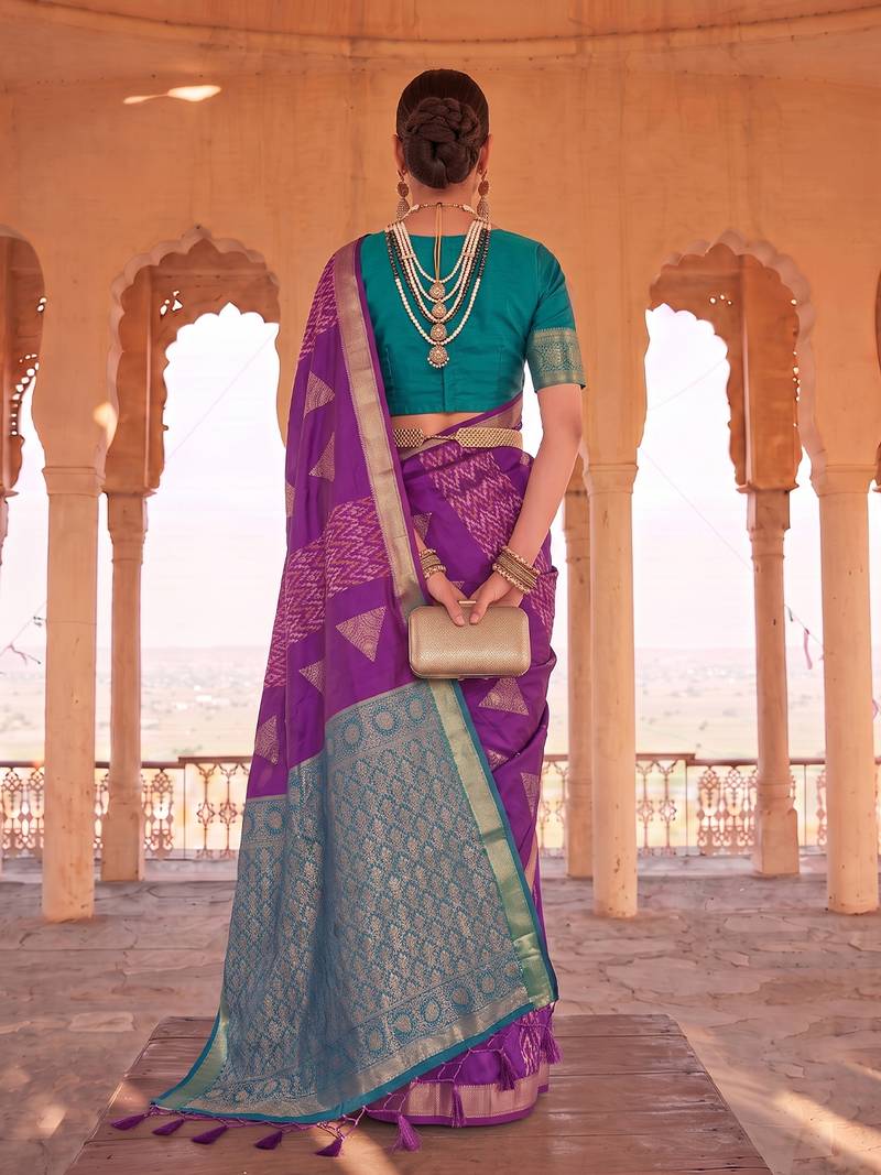 purple soft silk blend saree with teal border | festive & wedding wear for women