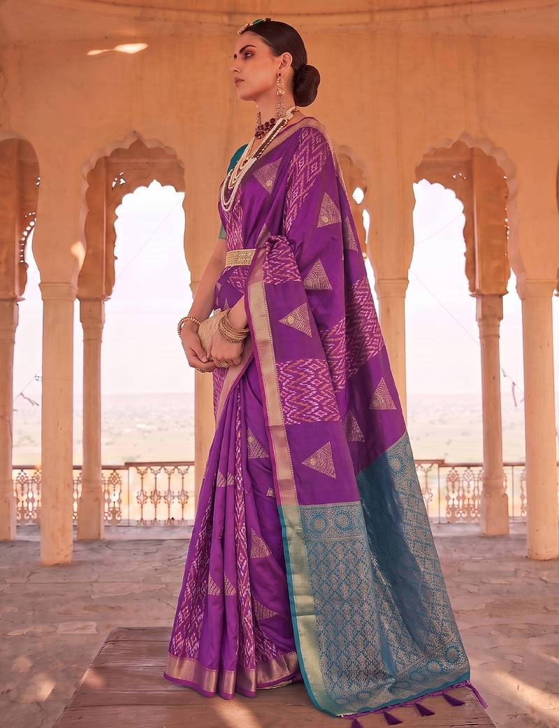 purple soft silk blend saree with teal border | festive & wedding wear for women