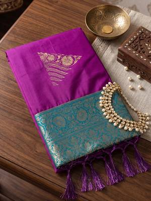 purple soft silk blend saree with teal border | festive & wedding wear for women 4