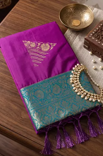 purple soft silk blend saree with teal border | festive & wedding wear for women