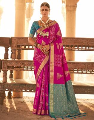 rani pink soft silk blend saree | woven zari border ethnic party wear for women 1