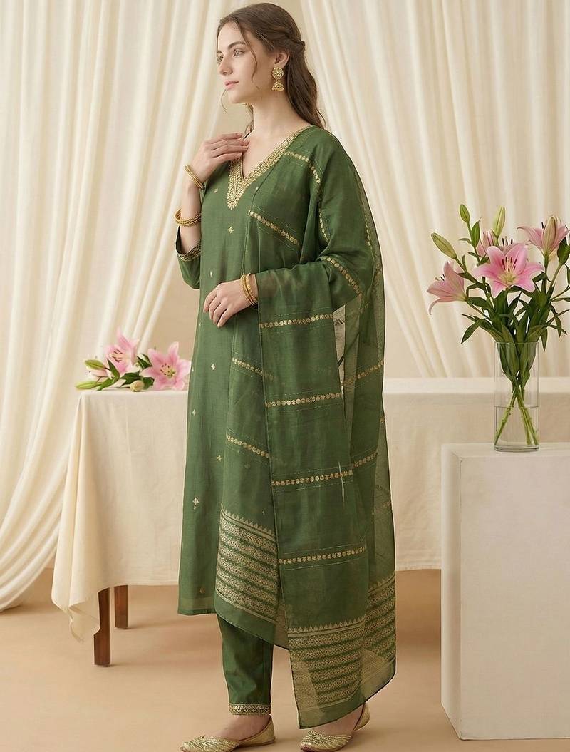Women Ethnic Motifs Embroidered Regular Thread Work Kurta with Trousers & With Dupatta