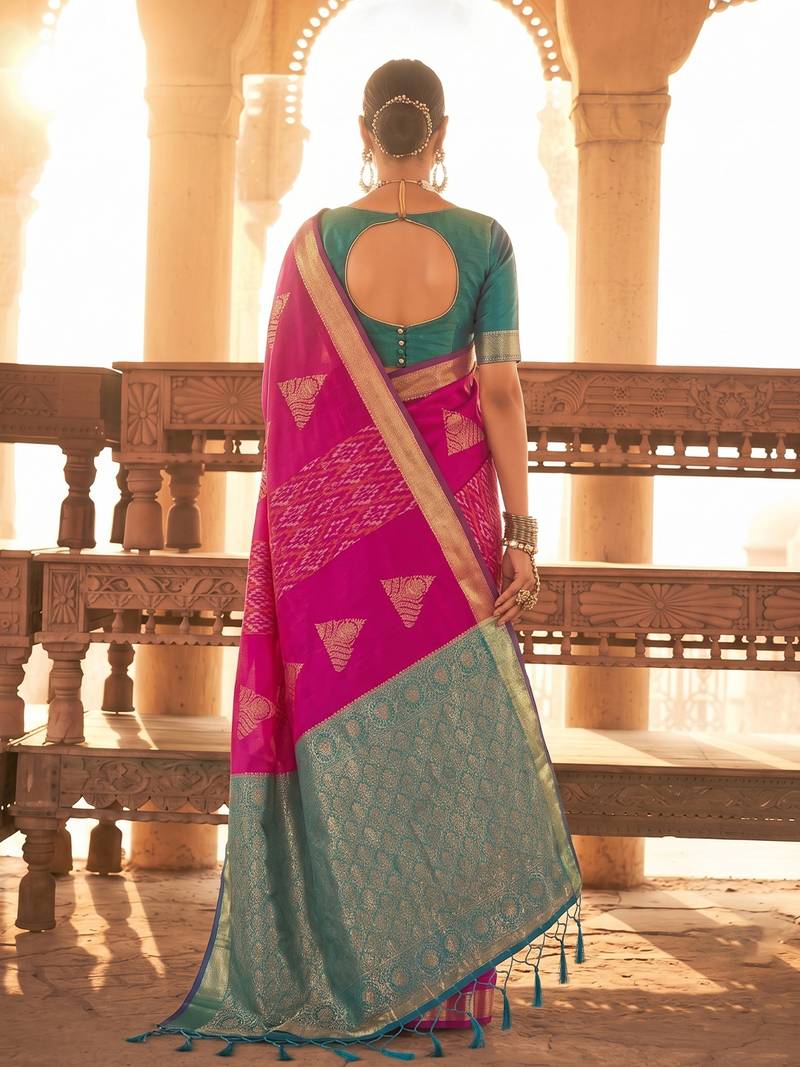 rani pink soft silk blend saree | woven zari border ethnic party wear for women