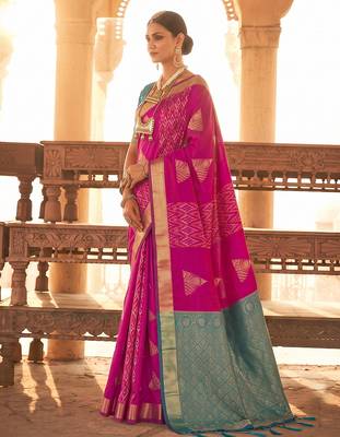rani pink soft silk blend saree | woven zari border ethnic party wear for women 3