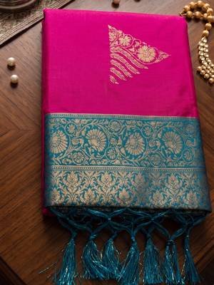 rani pink soft silk blend saree | woven zari border ethnic party wear for women 4